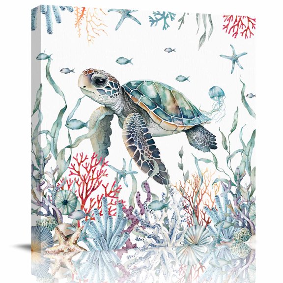 Nautical Ocean Coral Turtle Canvas Print Wall Art Painting, Modern Wall Decor for Bedroom Living Room Giclee Artwork HD Picture Strenched and Framed Sea Seaweed Shell Marine Life 12x12 inch