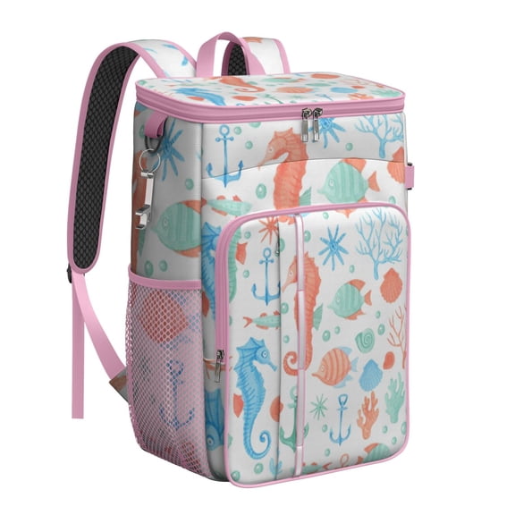 Nautical Ocean Creatures Backpack Cooler – Leakproof Insulated Cooler Bag with Starfish, Fish, and Sand Design for Beach & Outdoor Fun