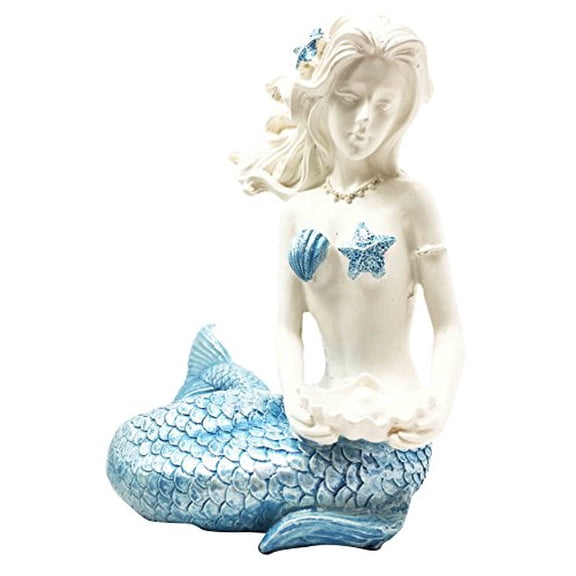 Beautiful Ocean Goddess Maya Blue Tailed Mermaid Holding Pearl Shell Figurine Home Decor Nautical