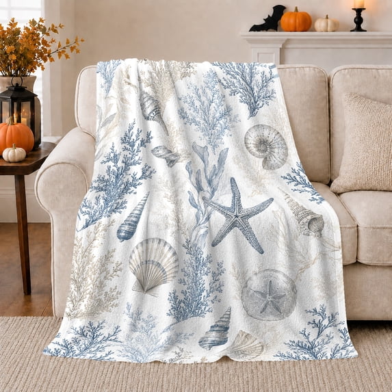Nautical Ocean Life Starfish Shells Illustration, Peaceful Coastal Landscape Scene, Warm Flannel Blanket for Beach House and Living Room, Beach Lovers Housewarming Gift, Coastal Home Decor
