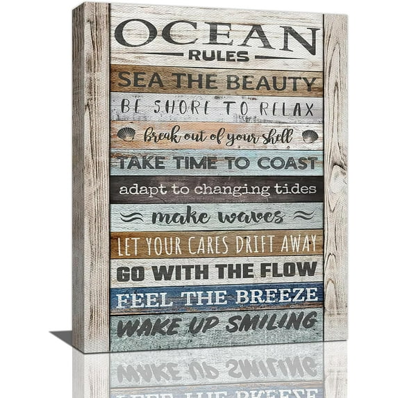 Nautical Ocean Rules Wall Art Rustic Coastal Bathroom Pictures Wall Decor Ocean Quotes Poster Bathroom Canvas Prints Painting Framed Modern Artwork for Bedroom Dining Room 12"x16"