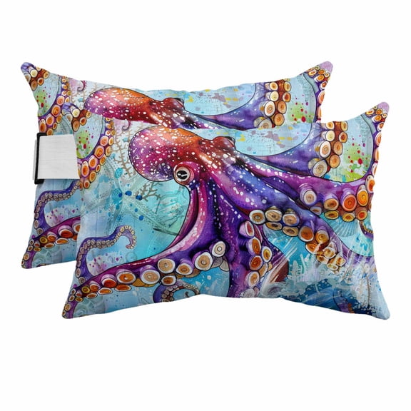 Nautical Ocean Sea Monster Octopus Outdoor Pillow for Chaise Lounge Chair,Coastal Gradient Sealife Art Waterproof Headrest Lumbar Pillows with Insert&Elastic Strap for Patio Pool Garden Chairs,2 Pack