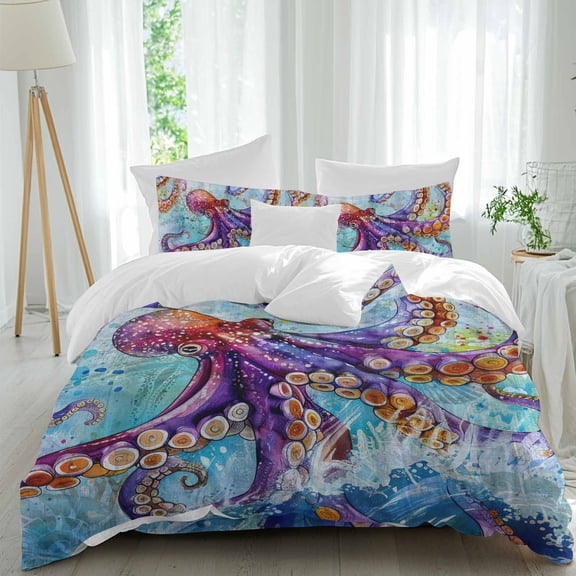 Nautical Ocean Sea Monster Octopus Queen Size Bed Set,Coastal Gradient Sealife Art Bedding for All Seasons,4 Pcs Bed Set,1 Quiltcover(90"x92"),1 Sheet(94"x116"),2 Pillowcases(30"x20")