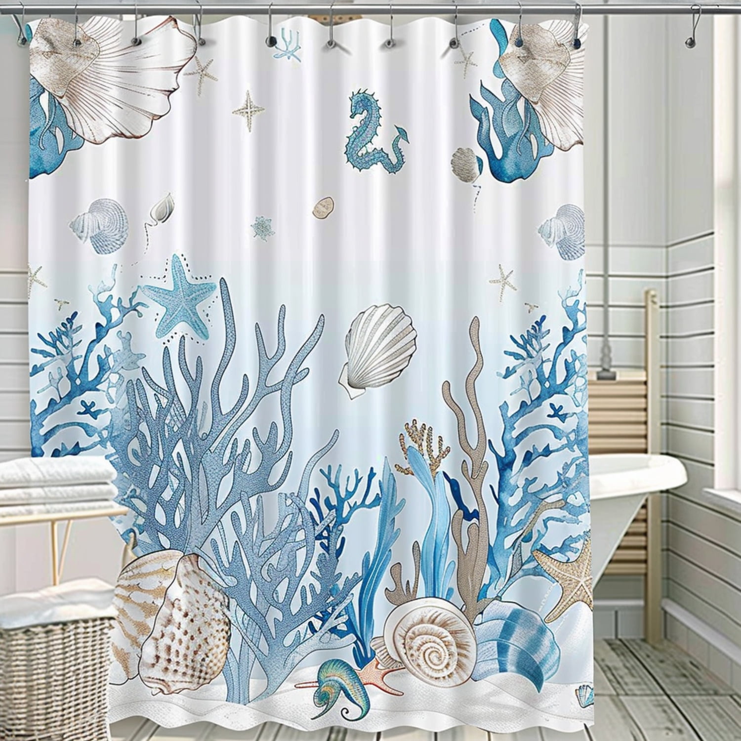 Nautical Ocean Seashells Corals and Seahorses Shower Curtain Bathroom ...