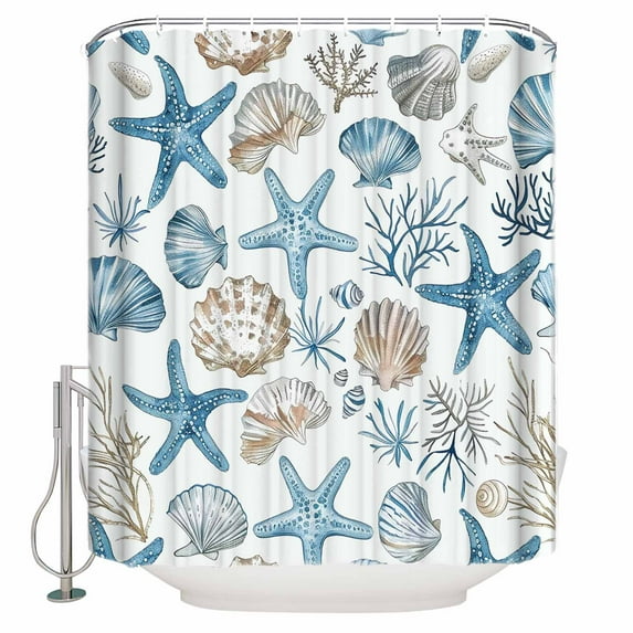 Nautical Ocean Shower Curtain, 48" x 72", Retro Blue Coral Shell Anchor Starfish Waterproof Bathroom Curtain Washable Shower Curtain Set with 12 Hooks
