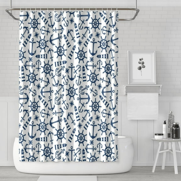 Nautical Ocean Shower Curtain with Anchor, Ship, Seaside Lighthouse, and Marine Compass Print, Coastal Tropical Beach and Waves Pattern Waterproof Fabric with Hooks