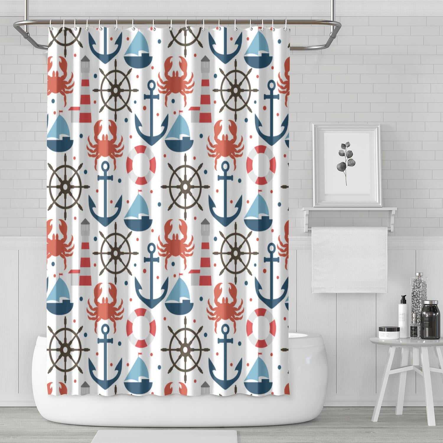 Nautical Ocean Shower Curtain with Anchor, Ship, Seaside Lighthouse ...