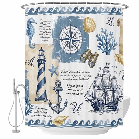 Nautical Ocean Shower Curtain for Bathroom, Vintage Compass Sailboat Lighthouse Anchor Waterproof Cloth Fabric Bathroom Accessories Set with 9 Rust Proof Plastic Hooks, 36"x72"