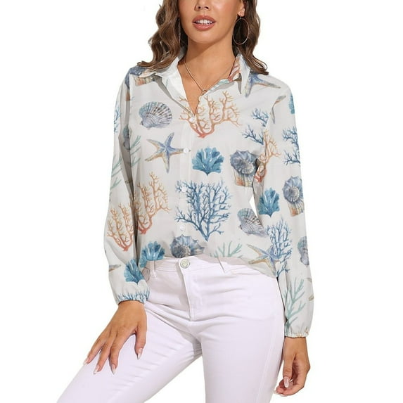 Nautical Ocean Starfish Shell Conch Summer Long Sleeve Blouse Woman Streetwear Casual Shirts Summer Oversize Woman Streetwear Clothing Birthday Present
