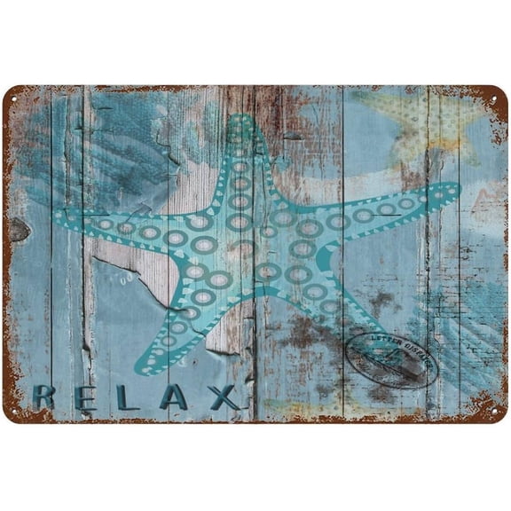 Nautical Ocean Theme Underwater Starfish Aluminum Metal Wall Sign, Coastal Seascape Art Decor for Outdoor or Office, Blue Wood Style, 8 x 12 Inch