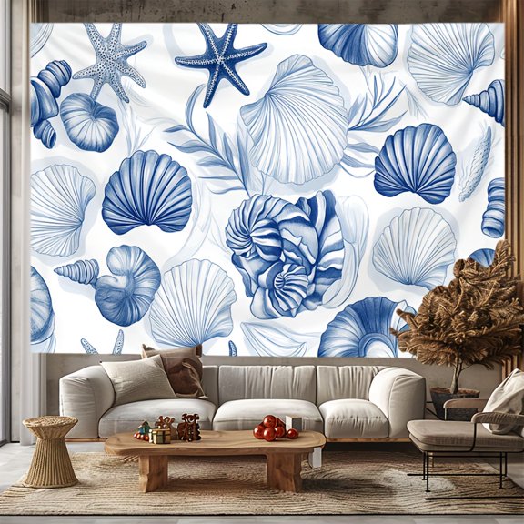 Nautical Ocean Theme Wall Tapestry - Indoor Polyester Woven Decor for Living Room, Bedroom, Dorm - Marine Life Shell & Starfish Design, Transverse Orientation, No Electricity Needed
