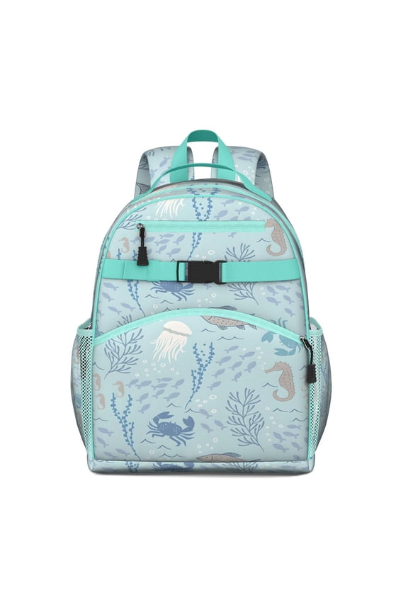 Nautical Ocean-Themed Waterproof Backpack - Lightweight Student Bag with Cute Cartoon Seahorse & Marine Life Prints, Durable Spine-Protecting Design for Commuters, Beach, and School Use