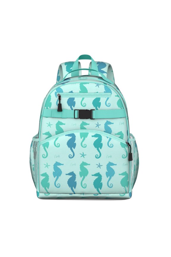 Nautical Ocean-Themed Waterproof Backpack - Lightweight Student Bag with Cute Cartoon Seahorse & Marine Life Prints, Durable Spine-Protecting Design for Commuters, Beach, and School Use