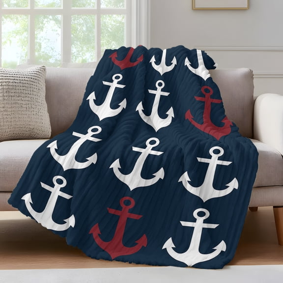 Nautical Ocean Throw Blanket for Couch Anchor Dark Blue Soft and Warm Flannel 3D Striped Fluffy Fuzzy Fleece Blanket Lightweight Throw for Bed, Sofa 30 x 40 Inches
