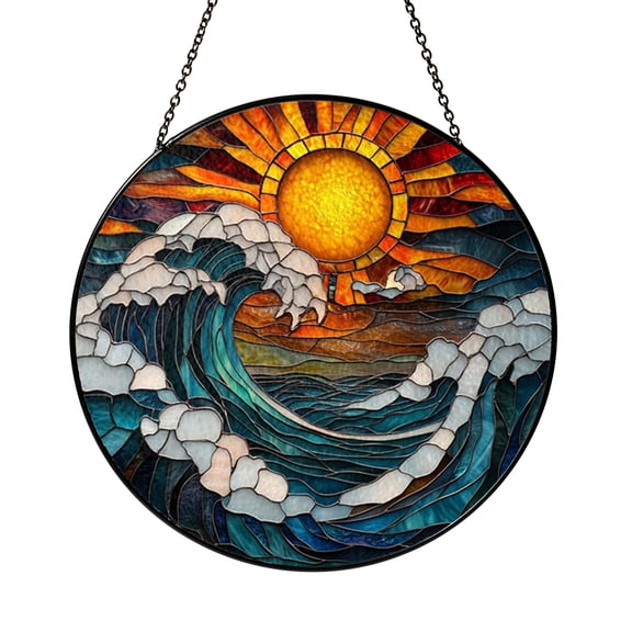 Nautical Ocean Wave Faux Stained Glass Round Window Decor2001