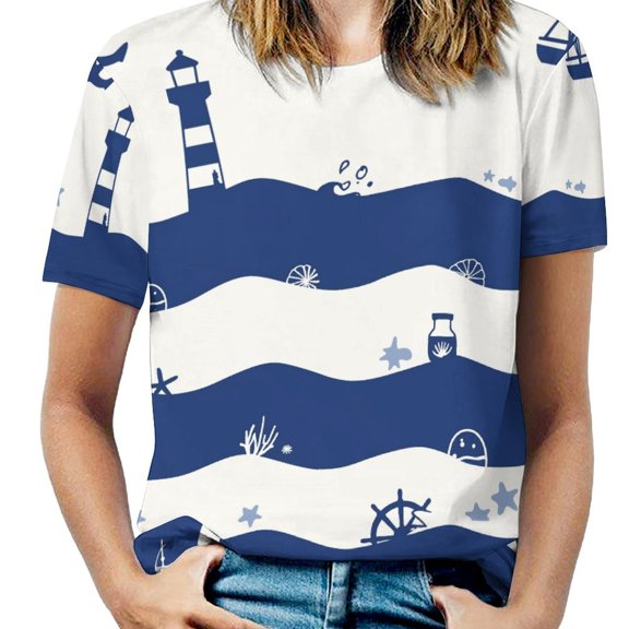 Nautical Ocean Waves-1 Women's Short Sleeve Tops Casual Blouses T Shirt
