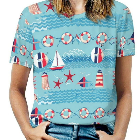 Nautical Ocean Waves Lifebuoys Women's T-Shirt Short Sleeve T Shirts Tops Tee Ladies Loose T