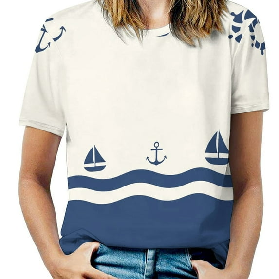 Nautical Ocean Waves T Shirts Basic T-Shirt Short Sleeve Ladies Tee Shirt Summer Graphic Clothing
