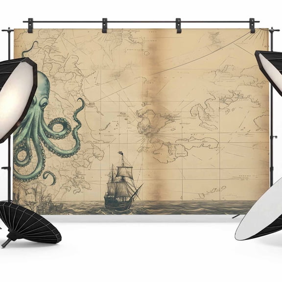 Nautical Octopus Backdrop for Photoshoot,Photography Photo Studio Background Wall Backdrop,Medieval Retro Map Sailboat Brown Back Drop Banner Panel for Portraits Wedding Party Live Streaming 12x8Ft