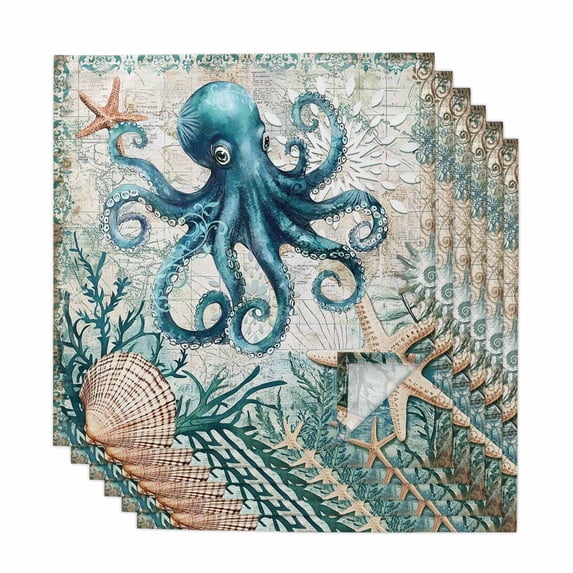 Nautical Octopus Cloth Napkins, Coastal Vintage Coral Starfish Ocean Washable and Reusable Dinner Napkins Set of 6, Table Napkin for Kitchen Party Birthday Wedding Hotel Housewarming 20"x20"