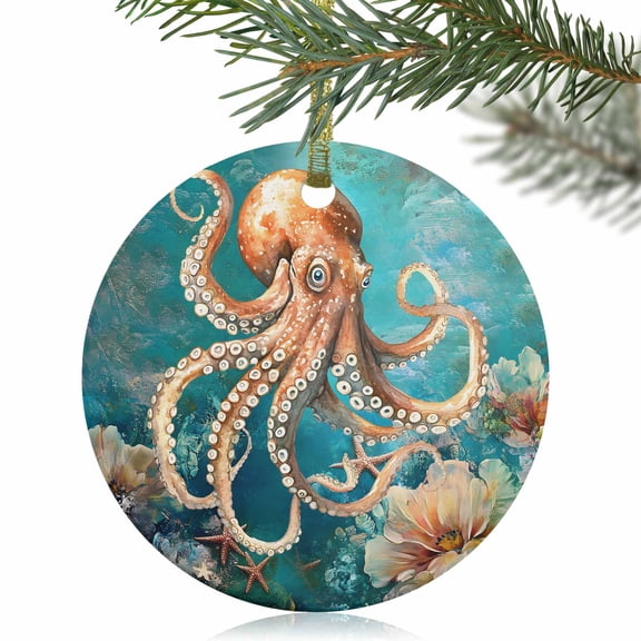 Nautical Octopus Coral Starfish Flower Christmas Ceramic Ornament 2025,3" Round Xmas Tree Hanging Accessories with Gold Ribbon