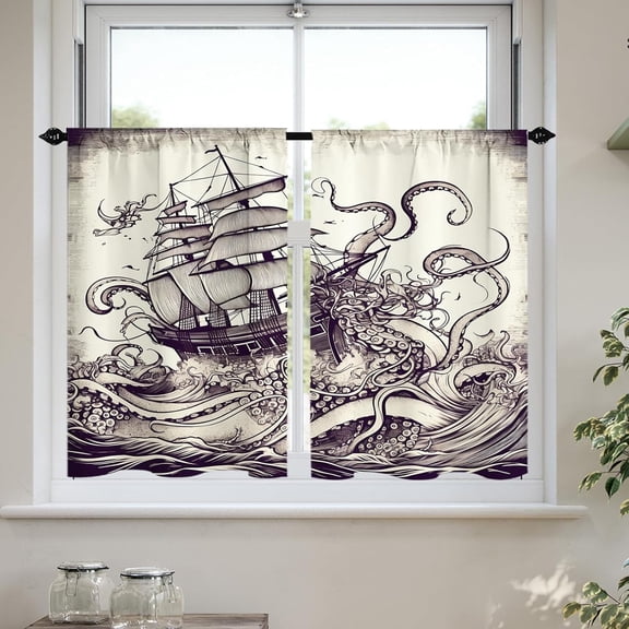 Nautical Octopus Curtain Ocean Sailboat Theme Kitchen Window Curtains Retro Abstract Bathroom Curtain for BedroomLiving Room Bathroom Set of 2 Panels 27.5 W x 39 L Inches