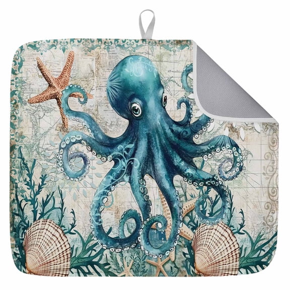 Nautical Octopus Dish Drying Mat for Kitchen Counter,Coastal Vintage Coral Starfish Ocean Dish Mat Drying Kitchen Mat for Sink Fridge Drawer Dishes Drainer Mats Microfiber Drying Pad 1pcs 16"x18"