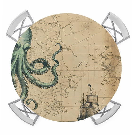 Nautical Octopus Round Tablecloth for 45-54 Inch Tables,Fitted Table Cover with Elastic Edge,Medieval Retro Map Sailboat Brown Waterproof Outdoor Table Cloth Protector for Patio Garden Dinner Picnic