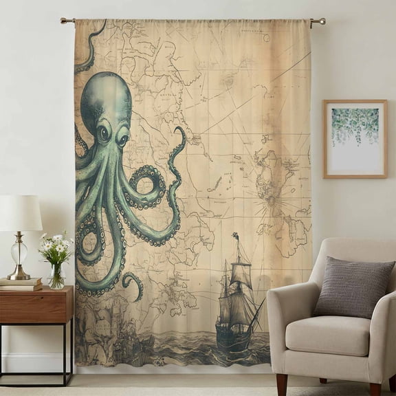 Nautical Octopus Sheer Curtains 45 Inches Long, Medieval Retro Map Sailboat Brown Light Filering Curtains, Breathable Simi Curtain Privacy Drapes for Kitchen Bathroom Small Window Treatment