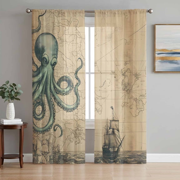 Nautical Octopus Sheer Curtains 63 Inch Length 2 Panels Set, Medieval Retro Map Sailboat Brown Voile Window Treatment Rod Pocket Curtains Sheers Drapes for Bedroom/Living Room/Kitchen 52x"63"x2