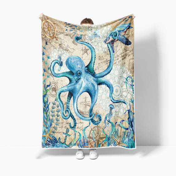 Nautical Octopus Throw Blanket, Ocean Sea Turtle Beach Coastal Blue Fish Seashell Jellyfish Theme Fleece Flannel Blanket, Retro Nautical Fish Beachy Soft Blanket for Bed Couch Sofa 60"X80"