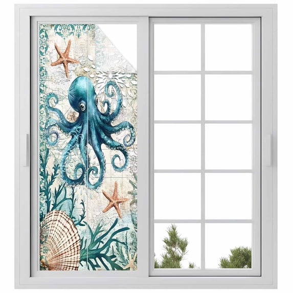 Nautical Octopus Window Privacy Film, Coastal Vintage Coral Starfish Ocean Static Cling UV Sun Blocking Heat Control Window Tint Day and Night, Non-Adhesive One Way Windows Privacy Cover 23.6''x59''