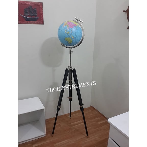 Nautical Office Decor 12" Blue Globe With Black Tripod Stand