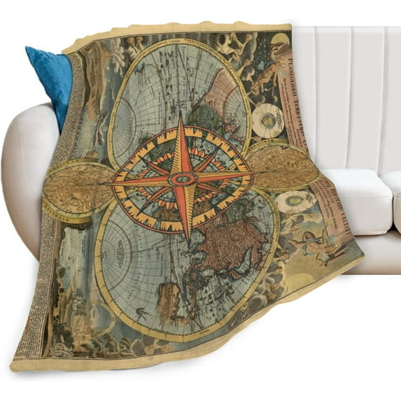 Nautical Old Map Vintage Compass Soft Throw Blanket All Season Microplush Thick Warm Blankets Tufted Fuzzy Flannel Throws Blanket for Bed Sofa Couch 80"x60"