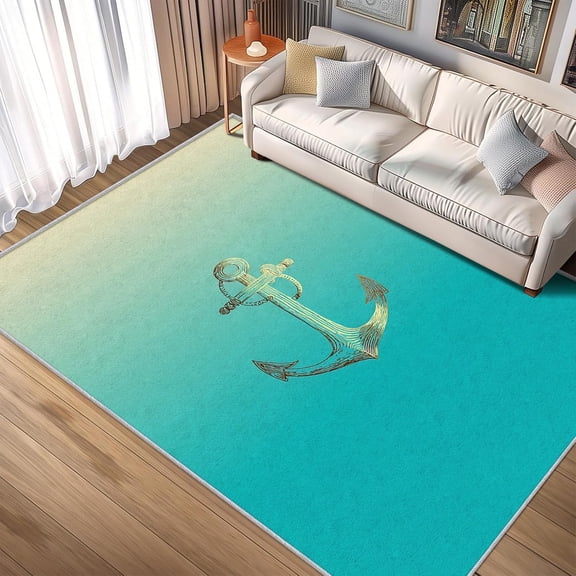 Nautical Ombre Teal Blue Anchor Area Rug, Coastal Design Carpet, Washable Non Slip Soft Low Pile, Living Room Bedroom Kitchen Office Mat 2x3ft