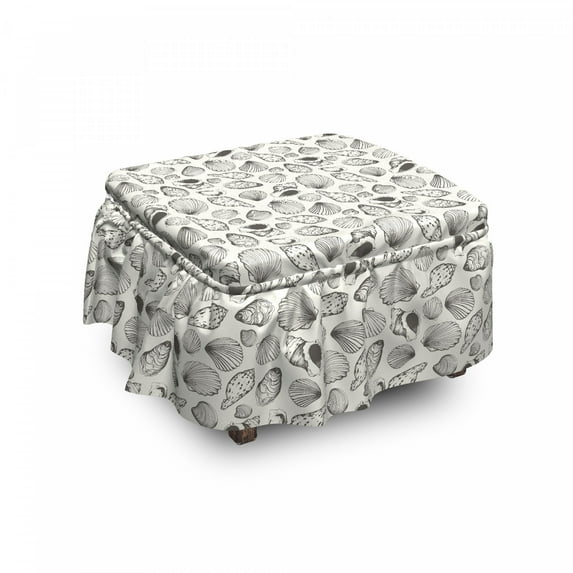 Nautical Ottoman Cover, Sketch Seashells, 2 Piece Slipcover Set with Ruffle Skirt for Square Round Cube Footstool Decorative Home Accent, Standard Size, Grey Ivory, by Ambesonne