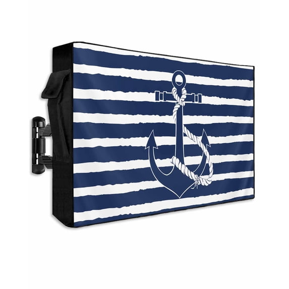 Nautical Outdoor TV Cover 60 to 65 inch Navy Blue and White Striped Retro Anchor Waterproof Dustproof TV Covers for Outside with Zipper Remote Control Pocket Flat Screen Protectors
