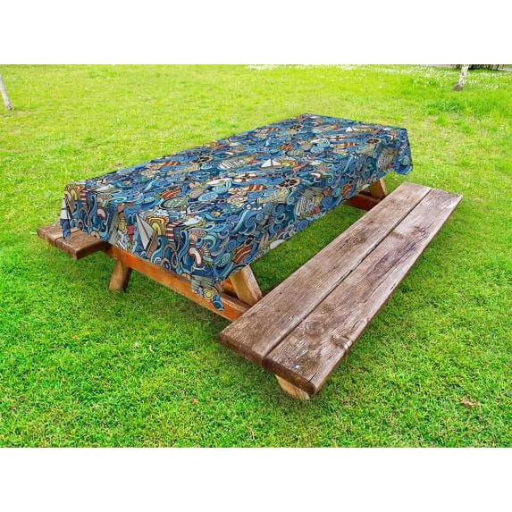 Nautical Outdoor Tablecloth, Abstract Pattern Sea Shells Sea Horse Corals Fish Rob Globe Maps Wavy Ocean, Decorative Washable Fabric Picnic Table Cloth, 58 X 84 Inches,Blue Multicolor, by Ambesonne