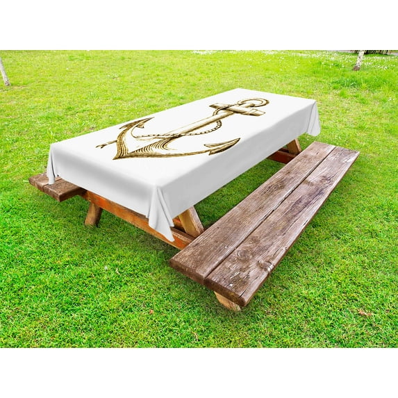 Nautical Outdoor Tablecloth, Gold Foil Anchor Image Be Safe and Grounded Voyage Journey Adventure Fisherman, Decorative Washable Fabric Picnic Table Cloth, 58 X 84 Inches,Gold White, by Ambesonne