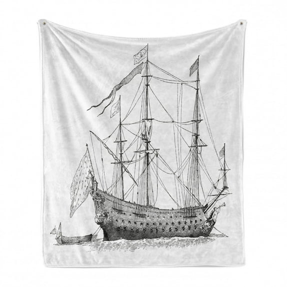 Nautical Party Soft Flannel Fleece Blanket, Vintage Illustration of Sketchy Hand Drawn Silhouette of a Ship, Cozy Plush for Indoor and Outdoor Use, 70" x 90", Charcoal Grey and White, by Ambesonne