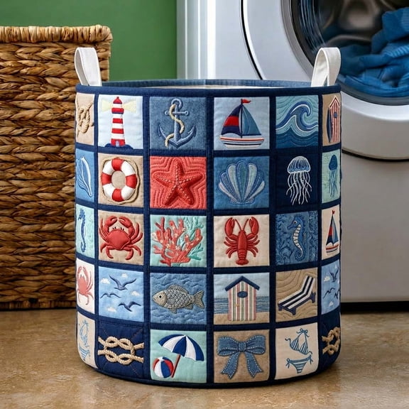 Nautical Patch Quilted Laundry Basket, with Handles, Foldable Clothes Hamper for Bedroom Storage