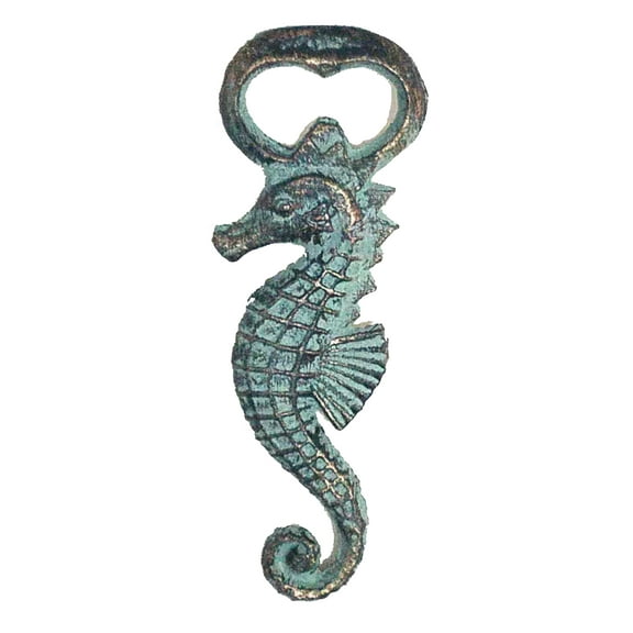 Nautical Patina Sea Horse Bottle Opener (Turquoise & gold)
