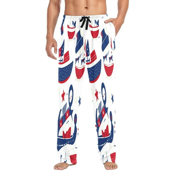 Nautical Pattern Mens Cotton Pajama Pants Long Staple Lightweight Sleep Bottoms with Pockets Breathable