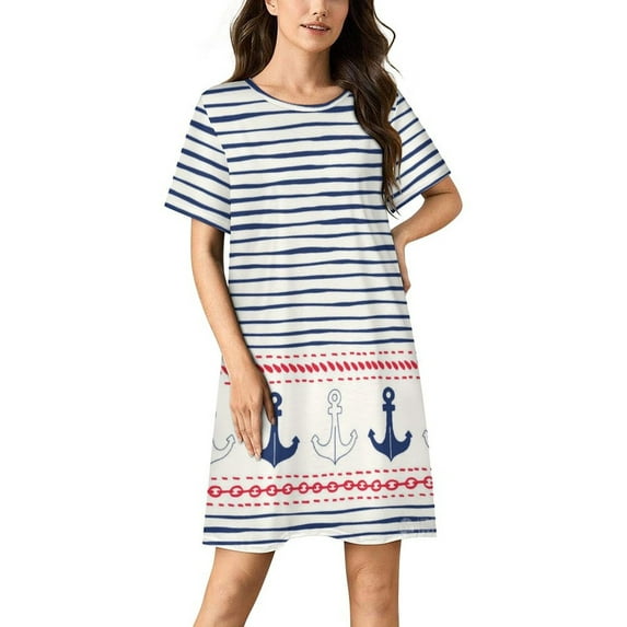 Nautical Pattern with Stripes And Anchors Women Nightgown Sleepwear Short Sleeves For Vacations Travels Nightgowns Women's Pajamas