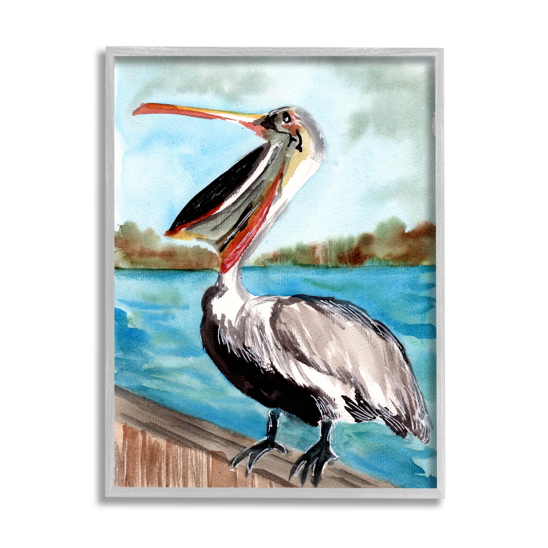 Nautical Pelican Bird Beak Animals & Insects Painting Gray Framed Art Print Wall Art