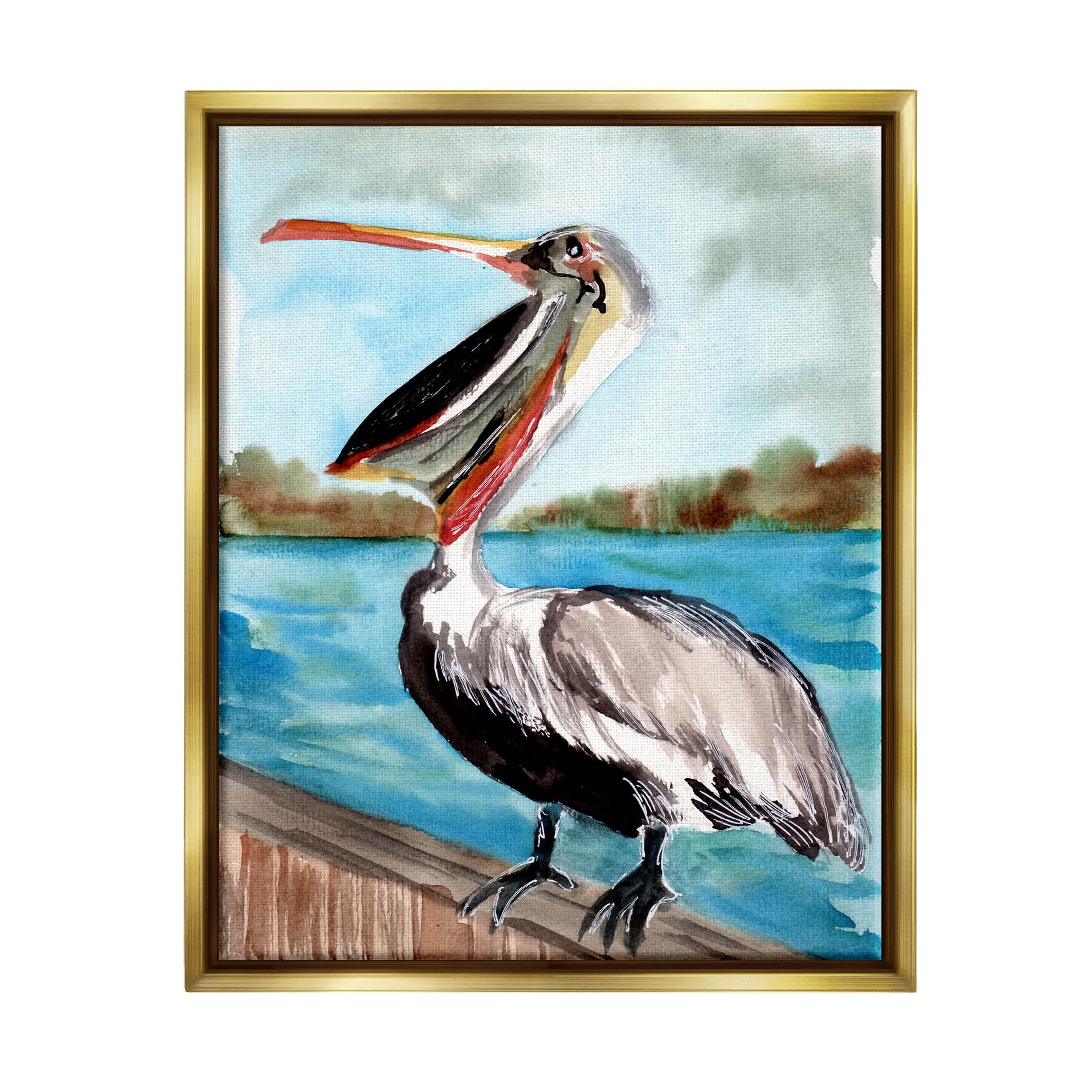 Nautical Pelican Bird Beak Animals & Insects Painting Metallic Gold Framed Art Print Wall Art