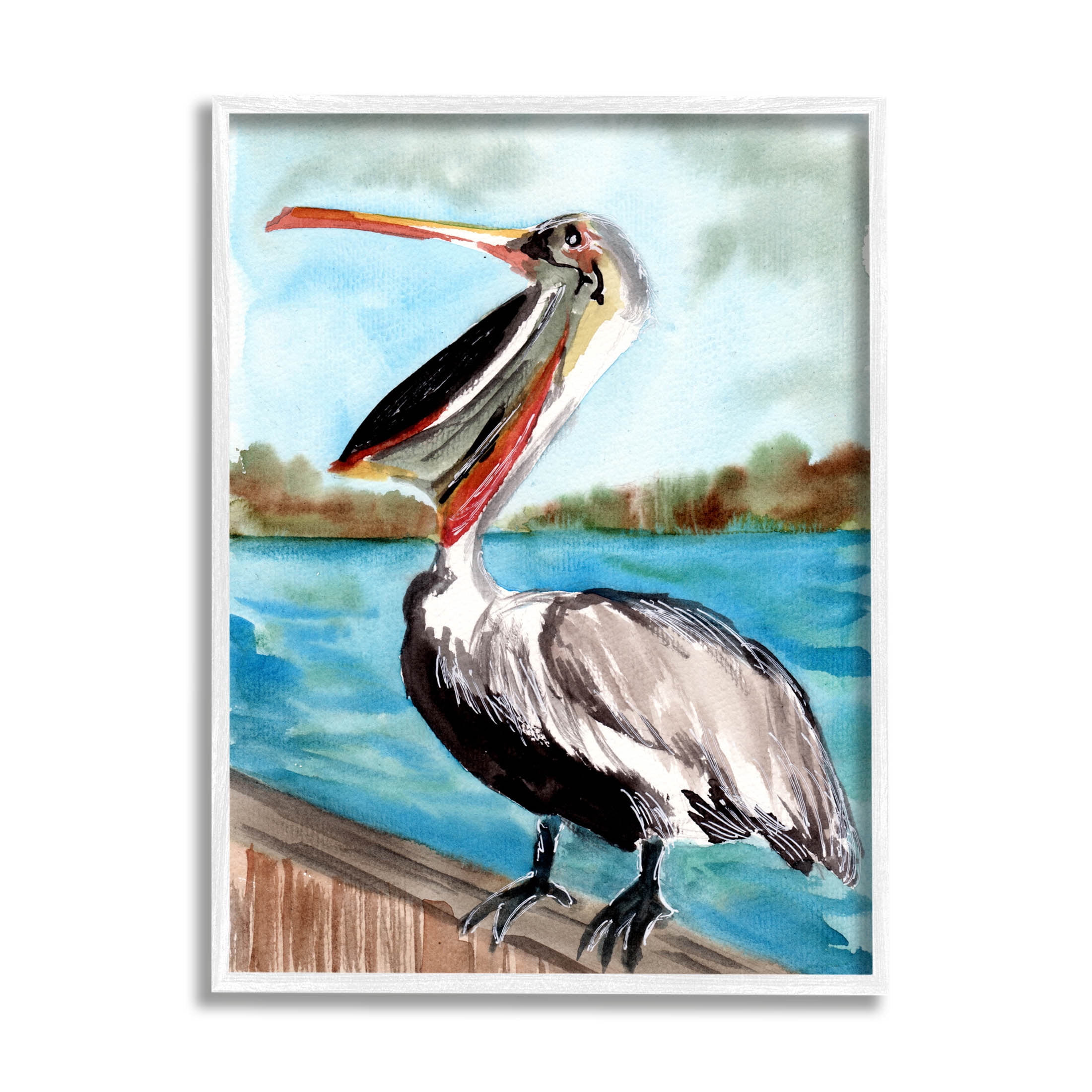 Nautical Pelican Bird Beak Animals & Insects Painting White Framed Art Print Wall Art