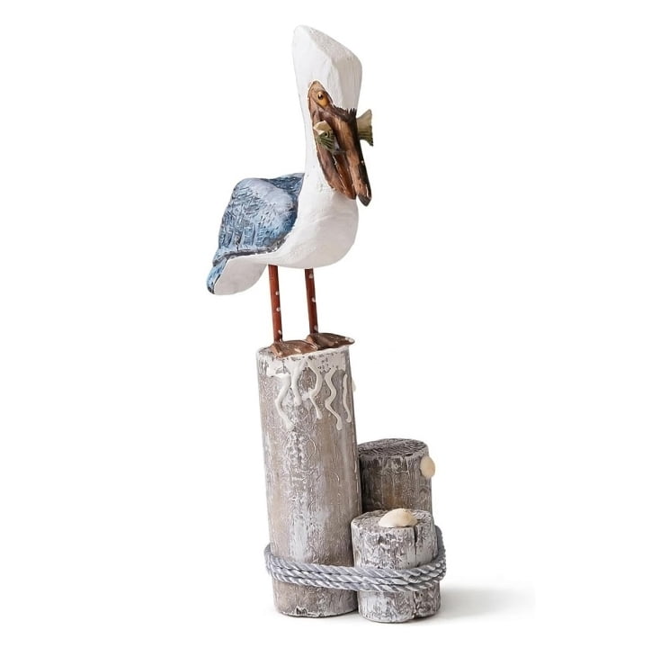 Nautical Pelican Statue - Handcrafted Wooden Bird Figurine for Coastal Home & Bathroom Decor, Vintage Beach Theme Art Sculpture, Rustic Outdoor Garden Decorations, Wood Carving Fish Statue