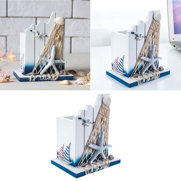 Nautical Pen Holder Wooden Cup Holder Pen Container Organizer Makeup Brush Storage Nautical Beach Coastal Office Home