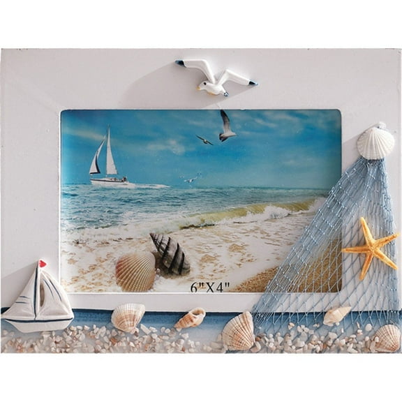 Nautical Photo Frame Beach Coastal Wooden Picture Holder with Ocean Seashell Ornaments Vintage Sculptural Photo Holder Art Tabletop Decor